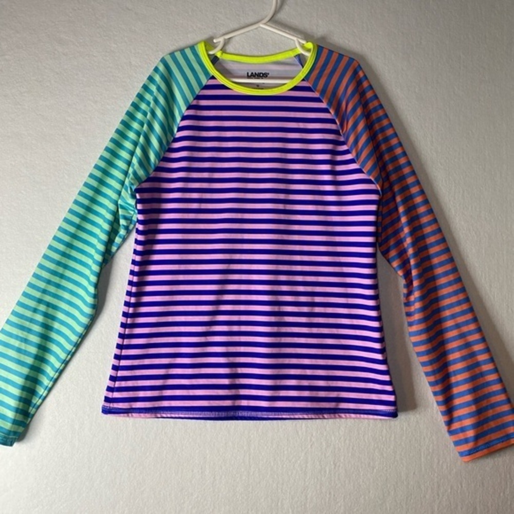 Lands End Swim Shirt Rash Guard Size 12 Blue Orange Pink Stripes Long Sleeve